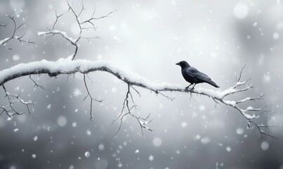 Fototapeta premium A black bird is sitting on a branch covered in snow