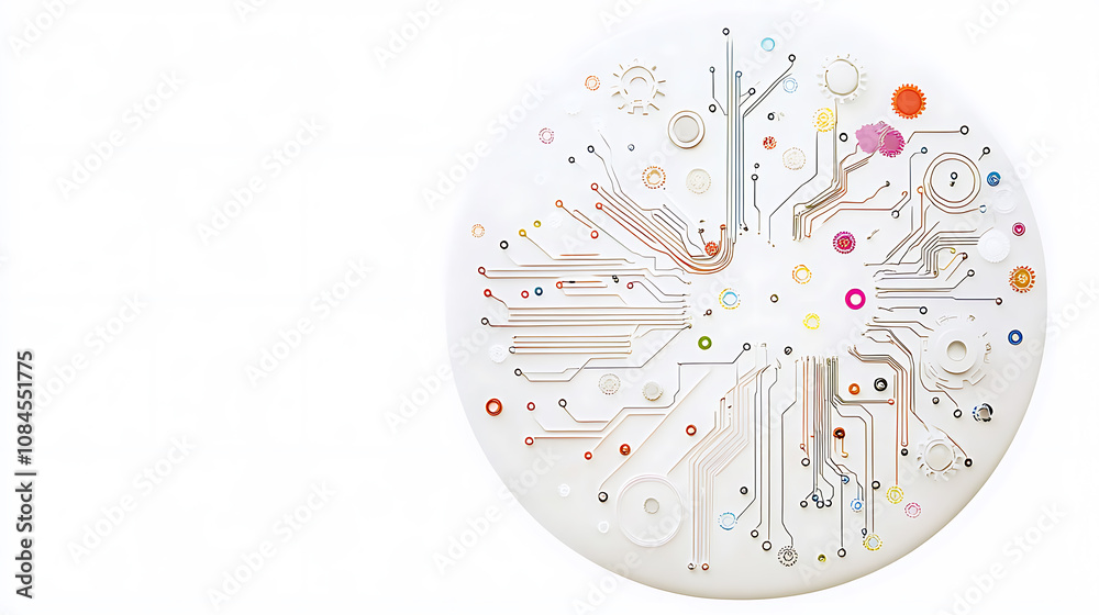 Poster A white circle with colorful gears and circuit board elements on a light blue background