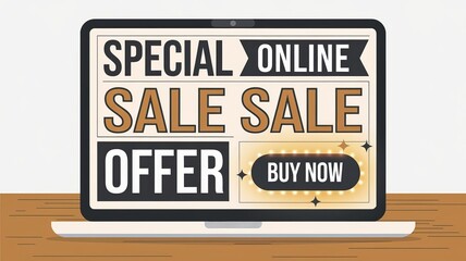 An illustration of a laptop on a wooden surface. The screen shows an online sale with a glowing "Buy Now" button in bold design