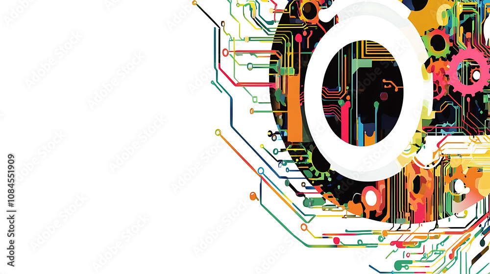 Poster A white circle with colorful gears and circuit board elements on a light blue background