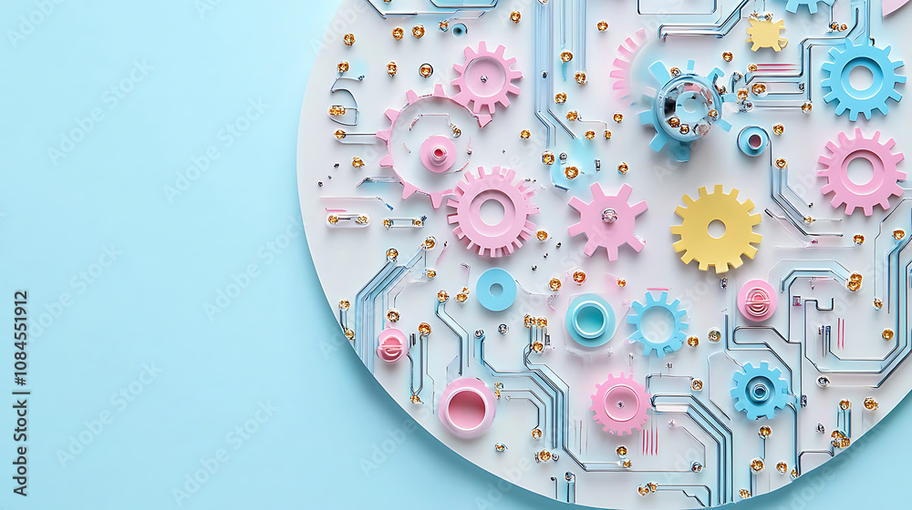 Aufkleber a white circle with colorful gears and circuit board elements on a light blue background
