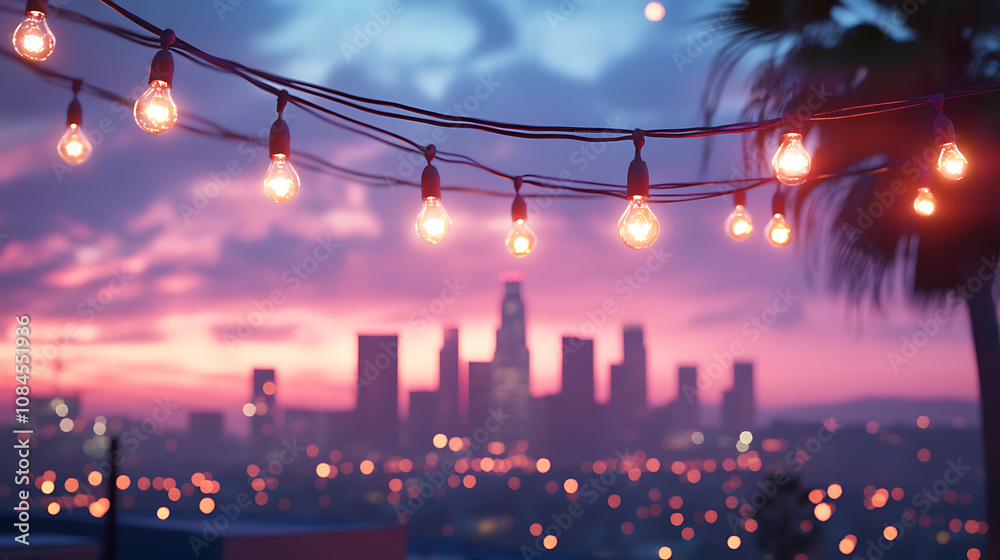 Aufkleber a string of light bulbs hangs from the rooftop, with downtown los angeles in view the sky is a paste