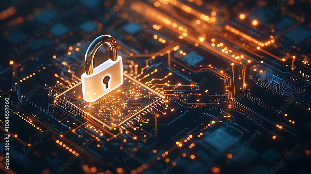 Aufkleber a white lock on the left side of an electronic circuit board, with digital data and security concept