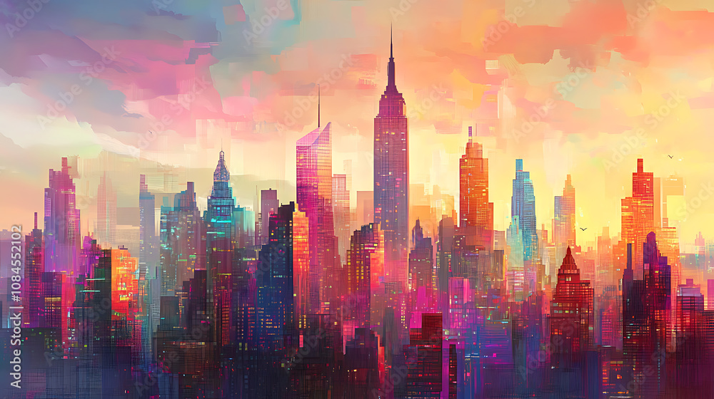 Fototapete A vibrant digital art of the New York skyline, with buildings made up entirely from pixelated colors and shapes, representing technology's role in modern city life