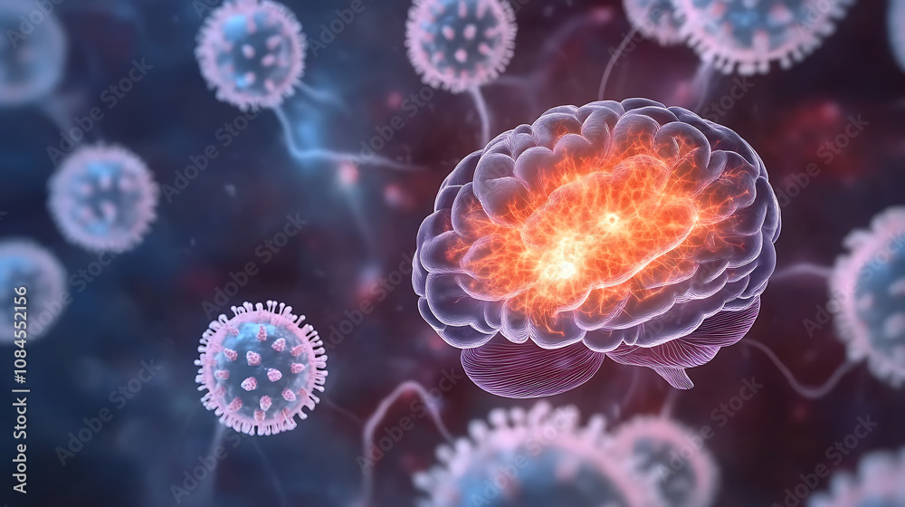 Fototapete Animated brain with a bright glowing splash symbolizing pain and surrounded by circular white cells representing brain cells in the center
