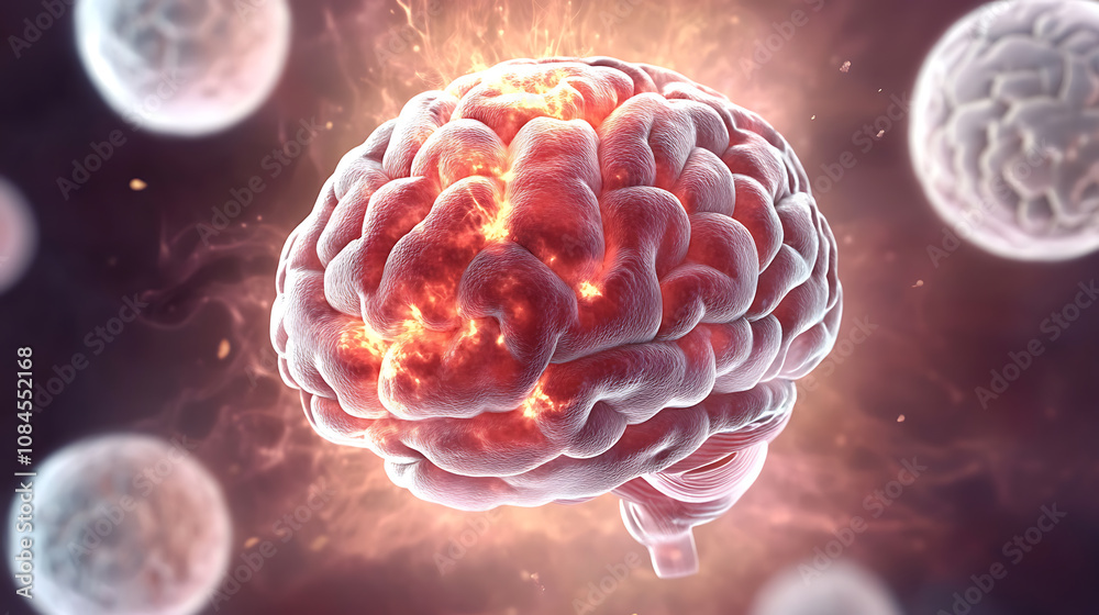 Aufkleber animated brain with a bright glowing splash symbolizing pain and surrounded by circular white cells 