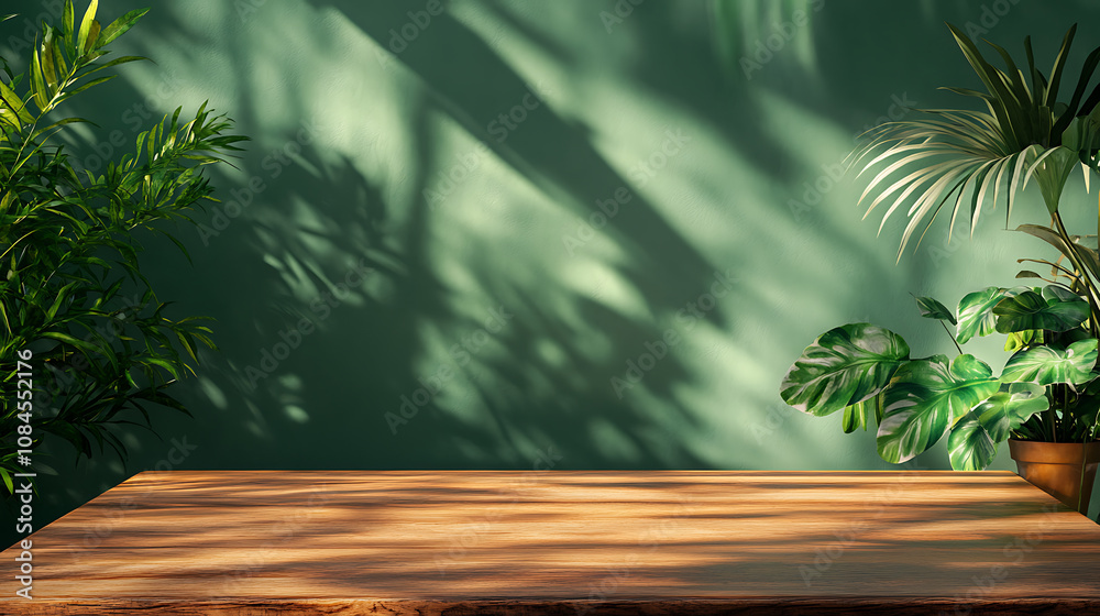 Aufkleber a wooden table set against a green wall, enhanced by sunlight filtering through a window creating le