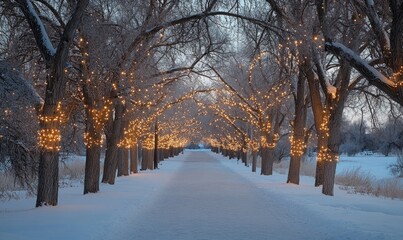 A path of lights is lit up in the snow