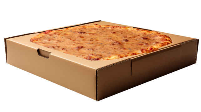 Classic cardboard pizza box, perfect for eco-friendly takeaway packaging, isolated on transparent background.