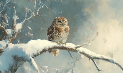 A brown owl is sitting on a branch covered in snow