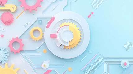 Fototapeta premium A white circle with colorful gears and circuit board elements on a light blue background