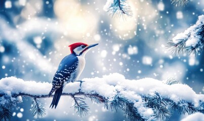 A blue and red bird is perched on a branch covered in snow