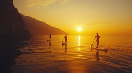 Sunset paddleboarding silhouettes.