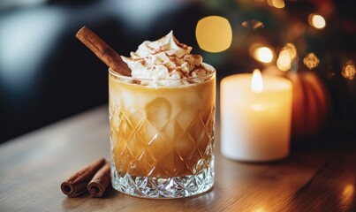A glass of a drink with cinnamon on top