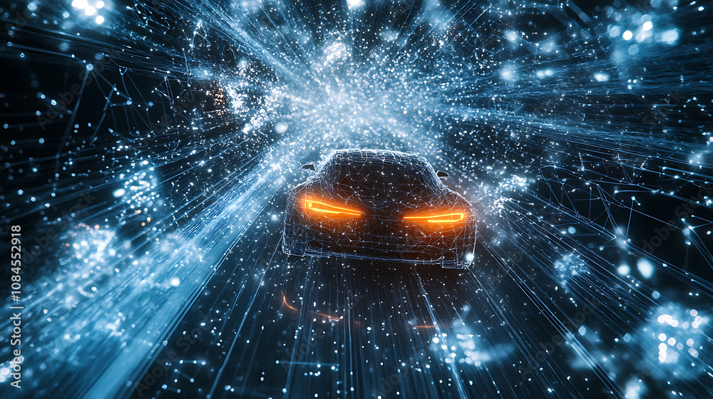 Poster An abstract portrayal of an intelligent car, visualized through a cosmic theme of points and lines, symbolizing advanced automotive technology