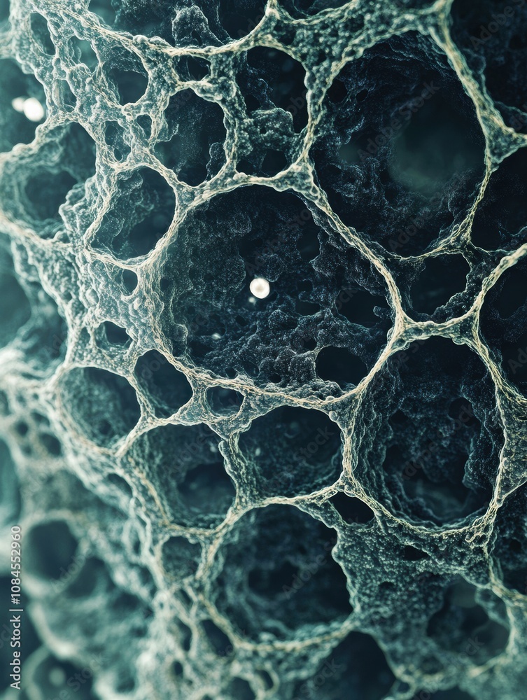 Aufkleber In a detailed microscopic exploration, complex cells display unique shapes and interconnected structures under high magnification. Generative AI