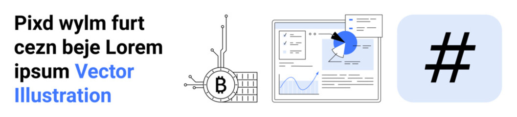 Bitcoin chip, data dashboard with charts and pie graph, metadata tag symbol. Ideal for cryptocurrency, technology, finance, data analysis, marketing, web development, social media, Landing page