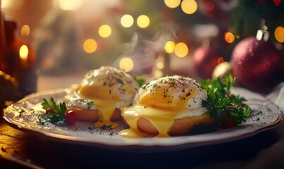 A plate of eggs benedict with a sauce on top