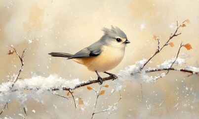 Obraz premium A small bird is perched on a branch covered in snow