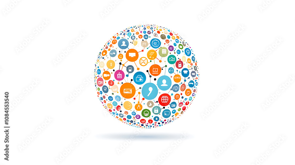 Poster Abstract global network and connectivity concept with a sphere made of connected dots and icons on a white background