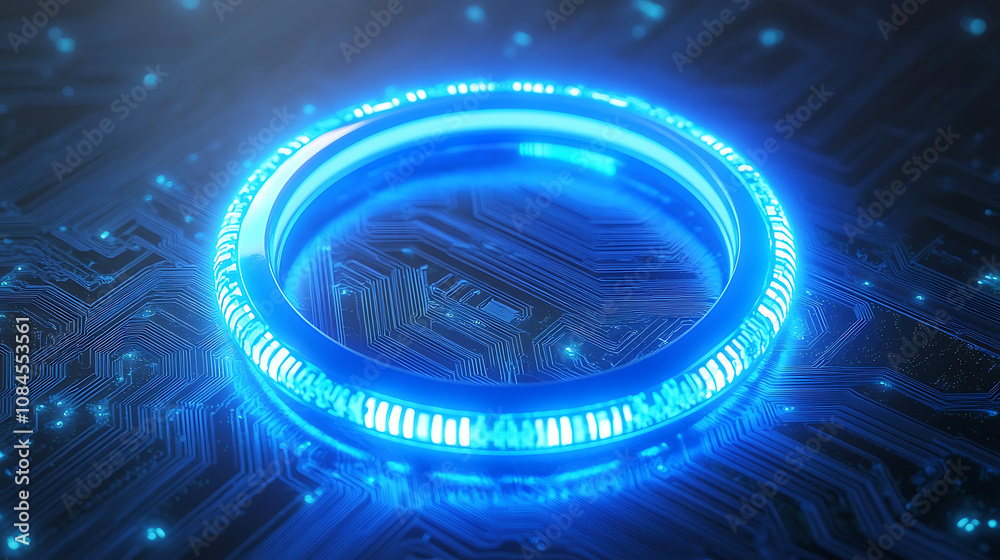 Poster abstract futuristic blue glowing light ring with digital circuit background