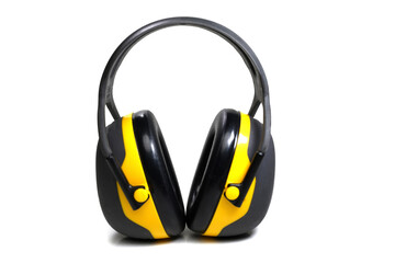 Isolated construction protective earmuffs for hearing protection over white background
