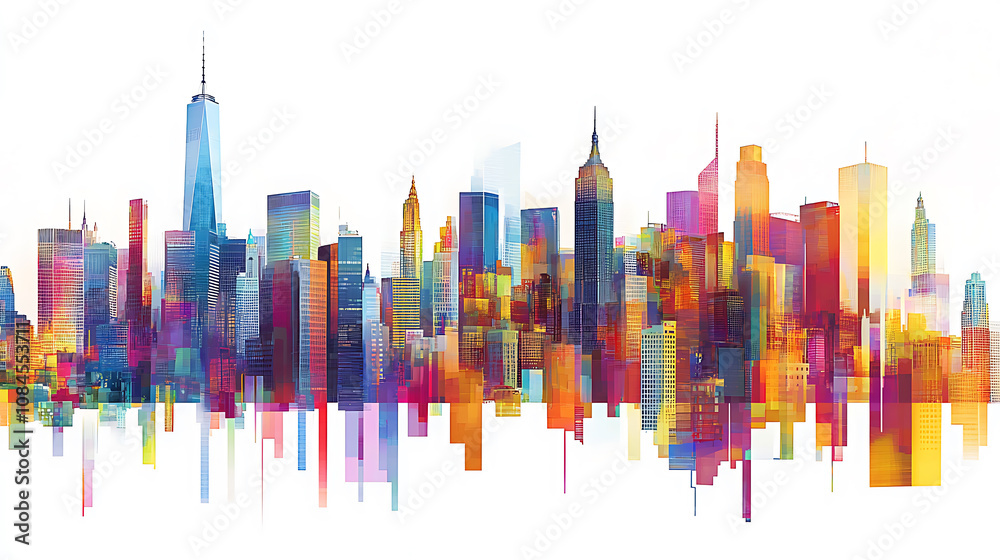 Poster abstract digital art of the new york skyline, with buildings made up of colorful pixelated shapes an