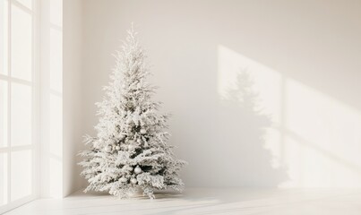 Fototapeta premium A white Christmas tree is standing in a room with a window