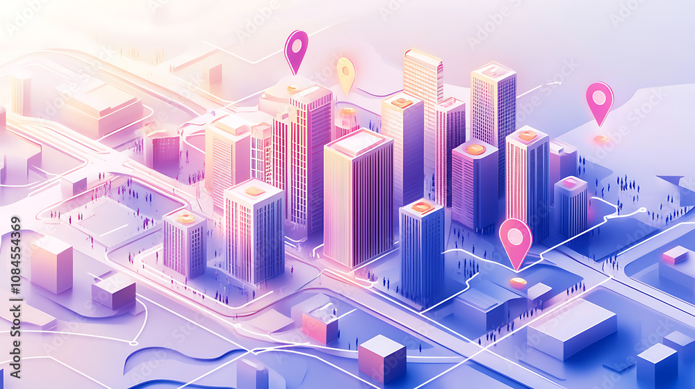 Poster illustration of an urban city map with pins and markers, representing the concept of location based 