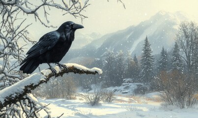 Fototapeta premium A black crow is perched on a branch in the snow
