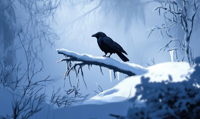 Fototapeta premium A black crow is sitting on a branch covered in snow
