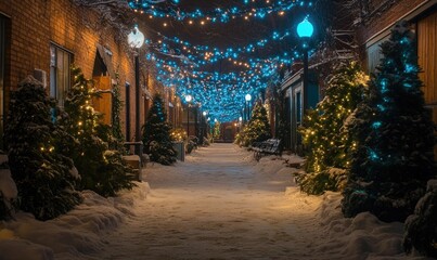 Fototapeta premium A long walkway with Christmas lights and trees