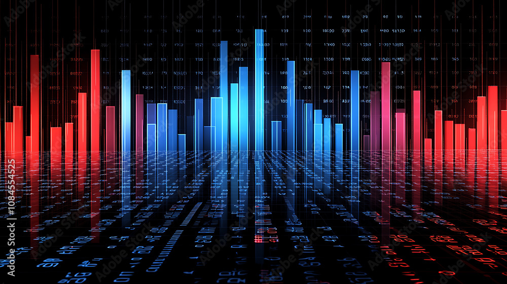 Poster modern stock market chart with red and blue candles, candlestick charts, bar graph, grid of numbers 