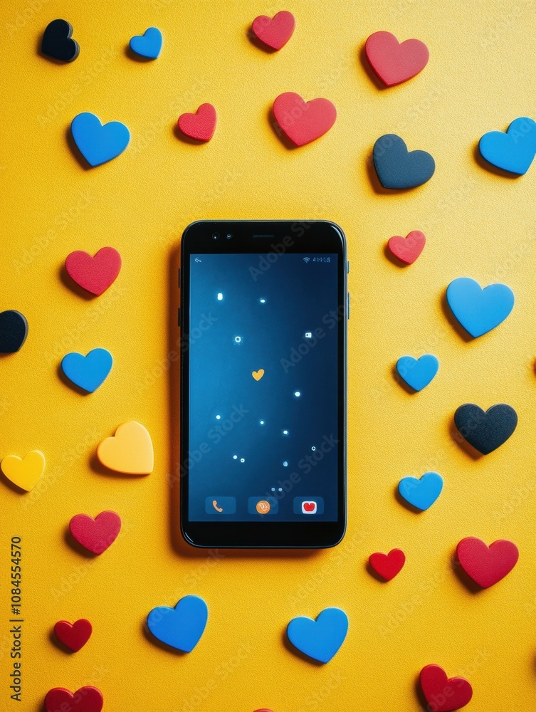 Aufkleber A smartphone displays various pop-up icons representing notifications, likes, and comments, surrounded by heart-shaped decorations. Generative AI