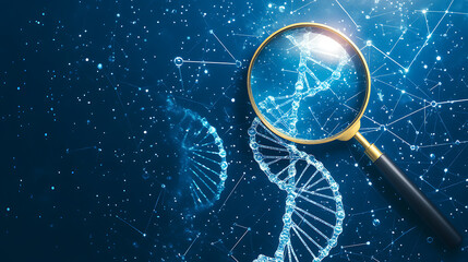 Magnifying glass over double helix DNA blue background