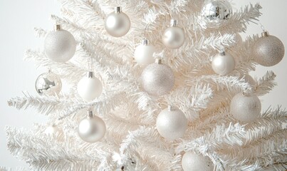 A white Christmas tree with many white and silver ornaments