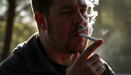 Fototapeta premium Fat man smoking cigarette outdoor close up isolated with white highlights, png