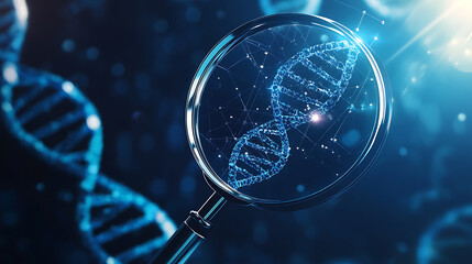 Magnifying glass over double helix DNA blue background