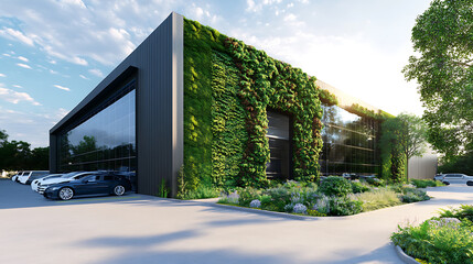 An eco-friendly, sustainable warehouse featuring a vertical green garden wall, promoting environmentally responsible logistics and storage solutions