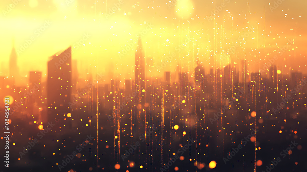 Poster blurred cityscape background with bokeh effect and golden sunset light
