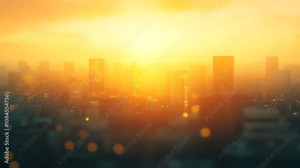 Aufkleber blurred cityscape background with bokeh effect and golden sunset light