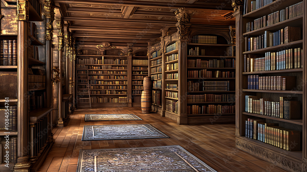 Poster old tomes line the bookshelves in this library's 3d-rendered interior, inviting readers into a world