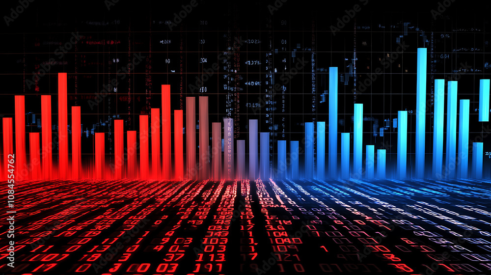 Poster modern stock market chart with red and blue candles, candlestick charts, bar graph, grid of numbers 