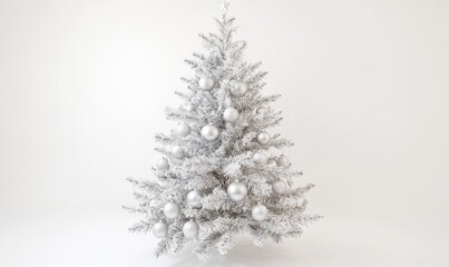 A white Christmas tree with many white ornaments