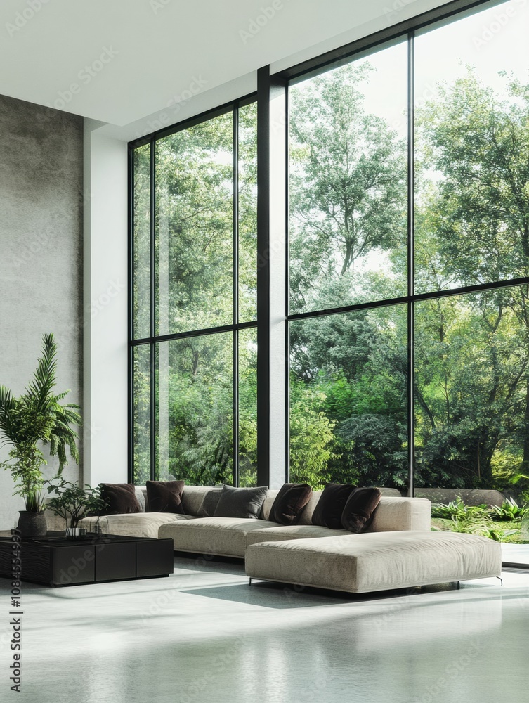 Leinwandbilder this modern living room features large windows bringing in natural light and a view of vibrant green