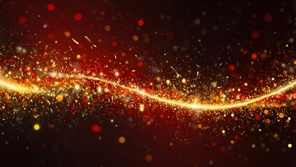 Obraz premium A dark background with a glowing, golden, wavy line, scattered with red and gold sparkles.