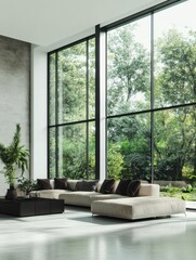This modern living room features large windows bringing in natural light and a view of vibrant greenery, creating a relaxing atmosphere. Generative AI