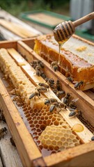 Bees Collecting Honey From Honeycombs in a Wooden Bee Frame During a Sunny Afternoon. Generative AI