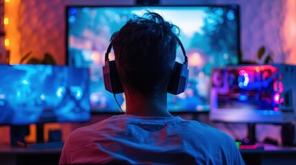 Fototapeta premium Teen Gamer Streaming Esports Tournament in High-Tech RGB Gaming Setup