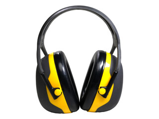 Isolated construction protective earmuffs for hearing protection. Cut out transparent png